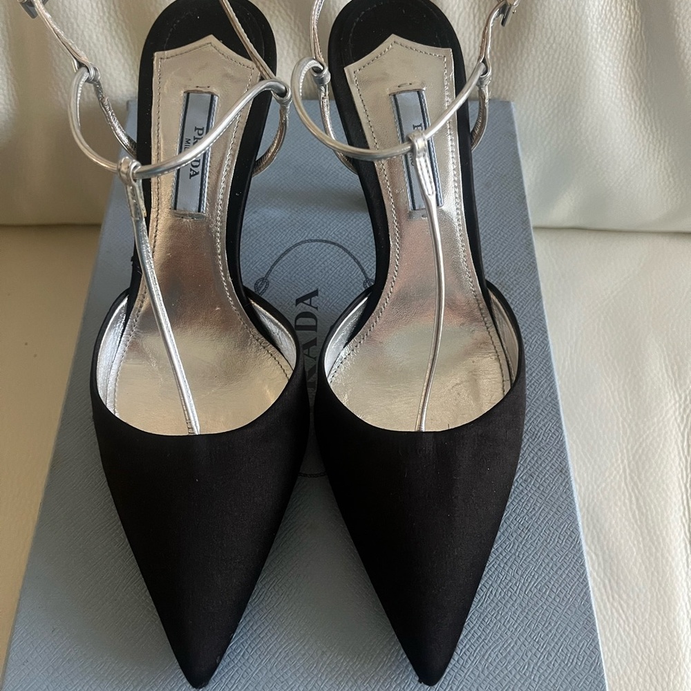 Prada Black Pump with Silver T-Strap and Crystal Heel